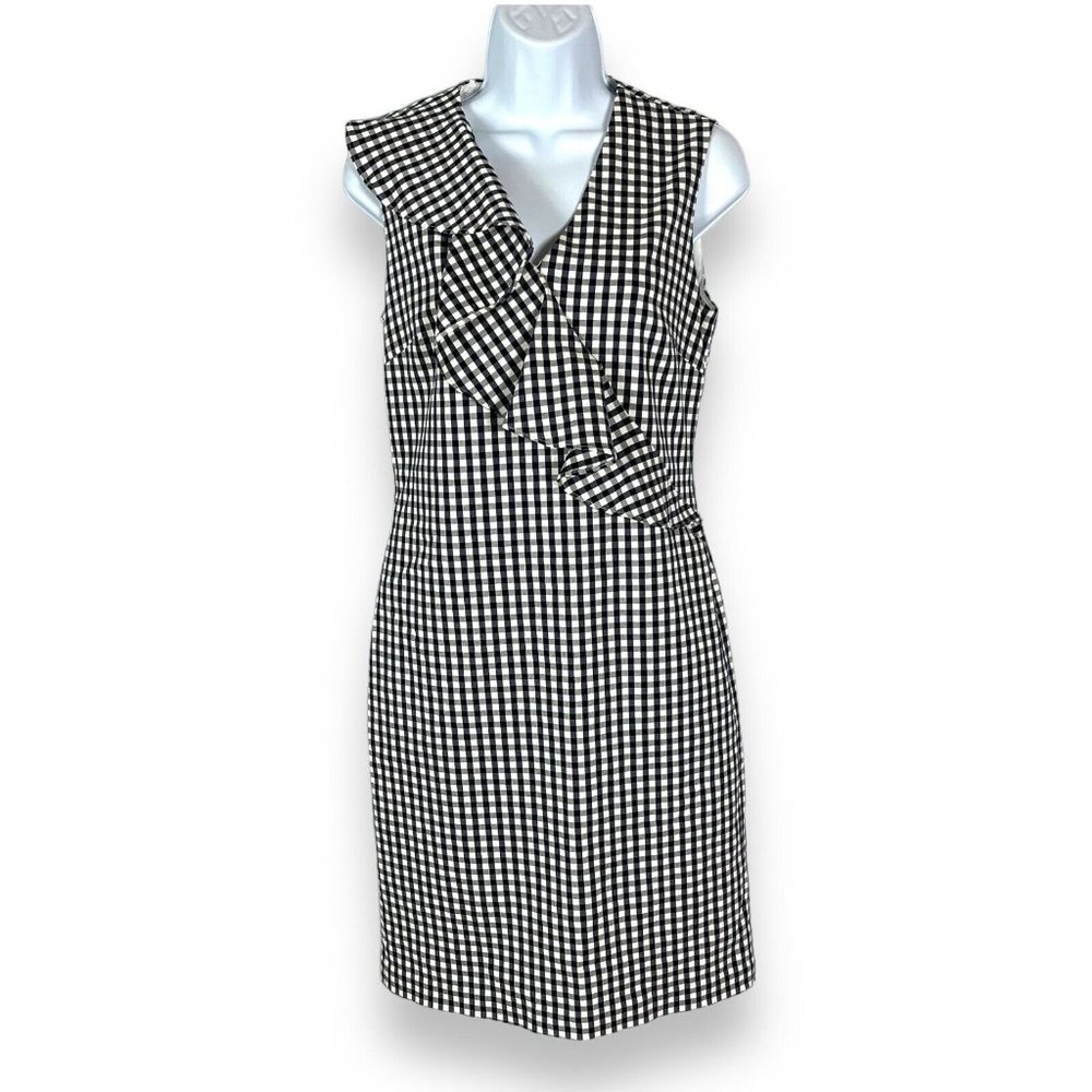 J. McLaughlin Kathryn Ruffled Sheath Dress Navy Blue Gingham Check Sleeveless 4